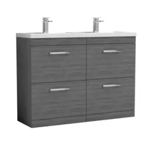 image of Nuie Athena 1200 Floor Standing 4-drawer Vanity & Polymarble Double Basin - Grey Woodgrain