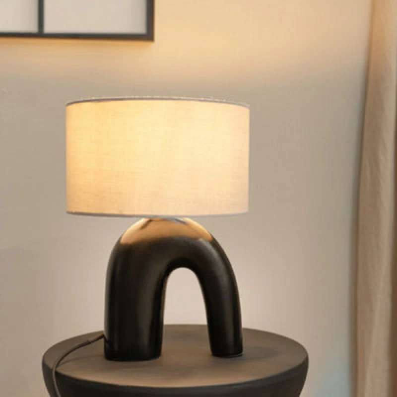 Image of ValueLights ValueLights Lia Fabric Drum Lamp Shade Black Arch Abstract Ceramic Table Lamp in White White One Size Unisex 5059406065026