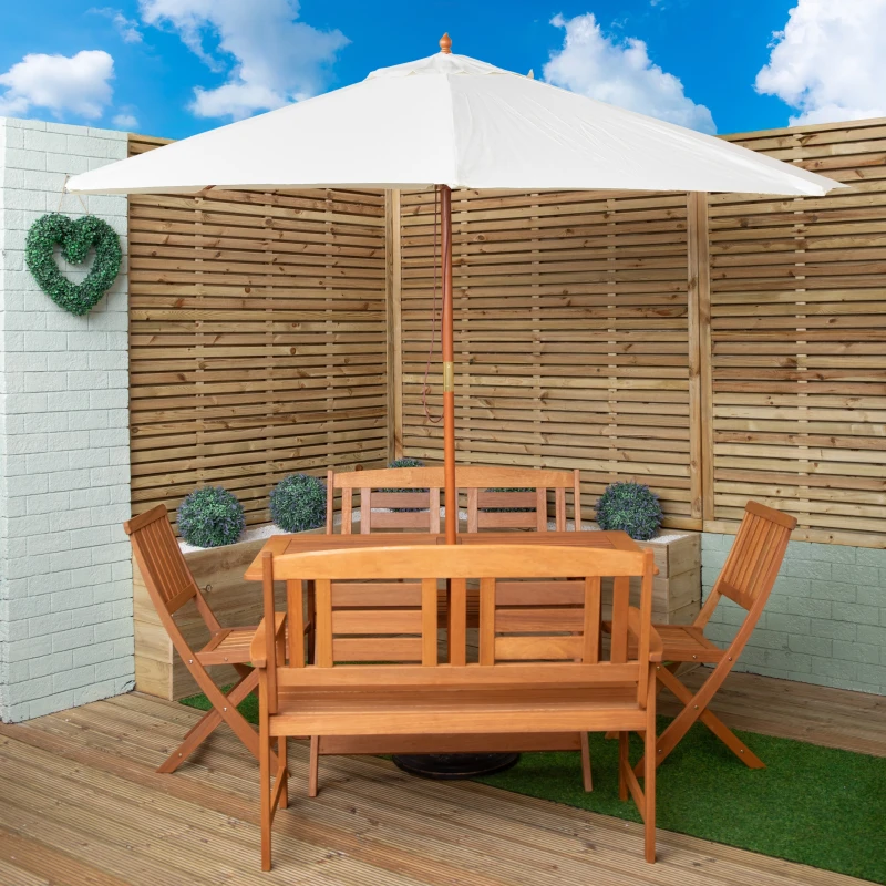 Image of Outdoor 6 Person Folding Rectangular Wooden Garden Dining Table Chairs and 2 Benches Cream Parasol and Base set
