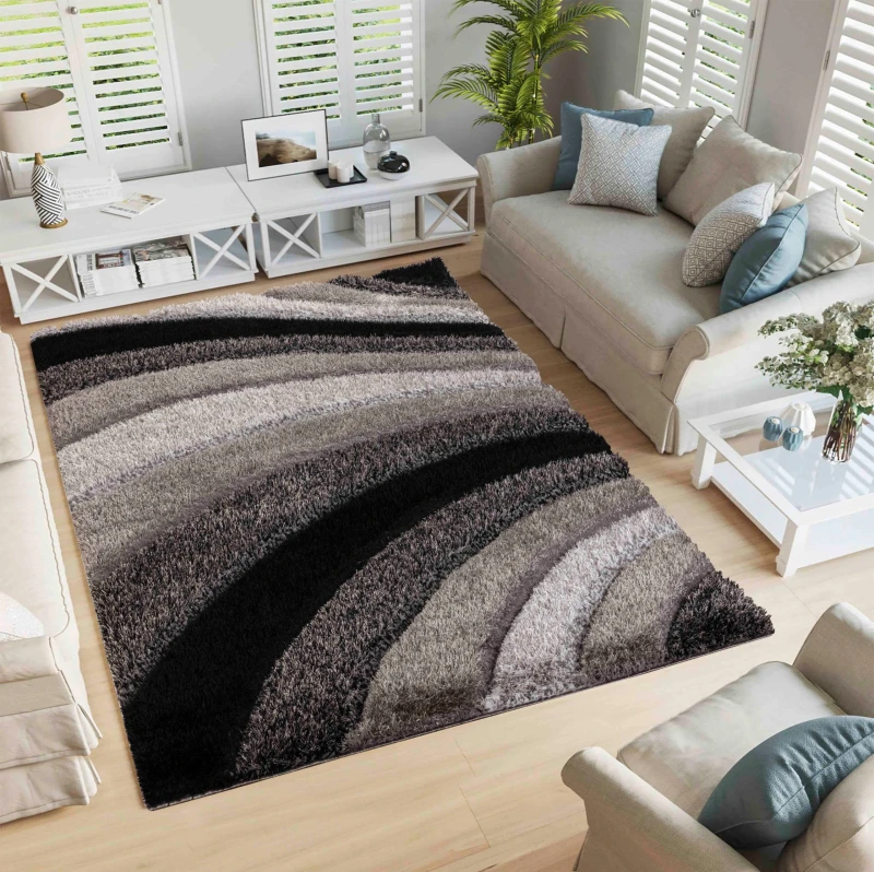 Image of Modern Soft Waves Shimmer Shaggy Area Rugs Grey 120X170 Cm