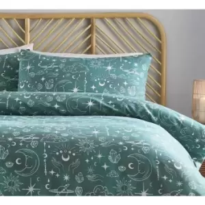 image of Charlotte Thomas Celestial Green Duvet Cover Set Sun, Moon and Stars Bedding Dark Green Bed Lining with Pillowcase Single - Green