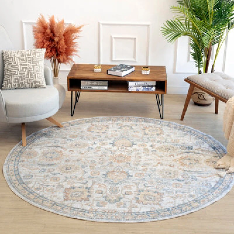 Image of Livabliss Round Machine Washable Oriental Boho Grey/oatmeal Esther Area Rug 200 X 200 Cm - Easy Care, Ideal For Living Room & Bedroom