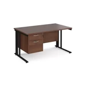 image of Office Desk Rectangular Desk 1400mm With Pedestal Walnut Top With Black Frame 800mm Depth Maestro 25 MCM14P2KW