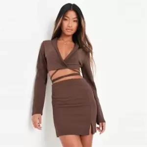 Missguided Jersey Tailored Wrap Tie Crop Blzr - Brown