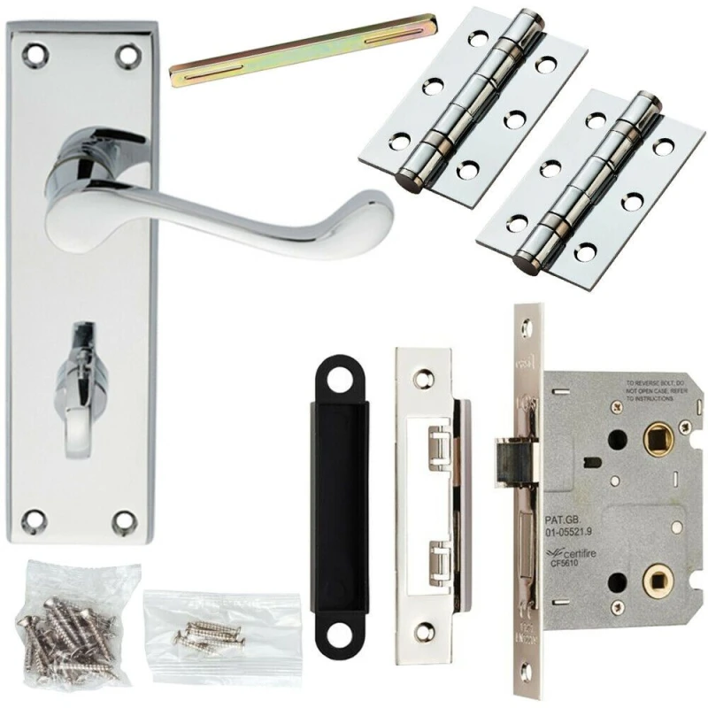 Image of Loops Door Handle & Bathroom Lock Pack Chrome Victorian Scroll 150 x 43mm Backplate Multi
