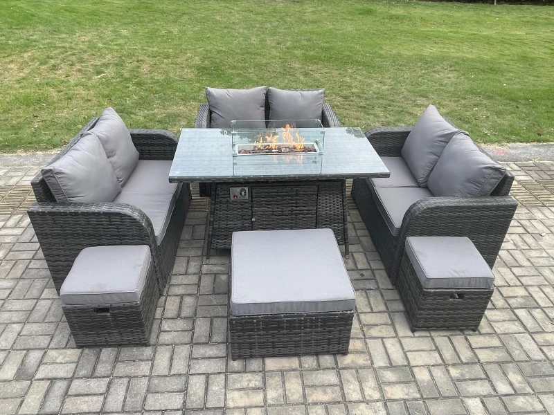 Image of Fimous 9 Seater Outdoor Rattan Furniture Garden Dining Set Gas Fire Pit Table with Love Sofa 3 Footstools Dark Grey Mixed Dark Grey