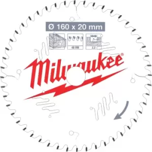 Image of Milwaukee Thin Kerf Wood Cutting Circular Saw Blade 160mm 48T 20mm