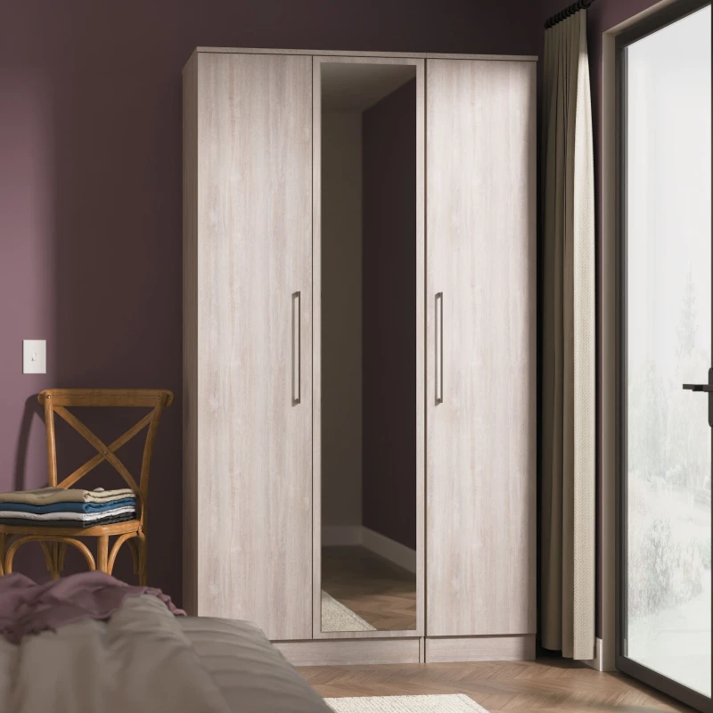 Image of Welcome Furniture Ltd Worcester Tall Triple Mirrored Wardrobe in Grey Oak - Ready Assembled, Grey WOR147GOGO