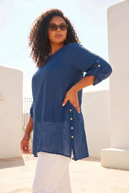 Image of Roman Womens Curve Buttoned Side Asymmetric Top in Navy Size: 20 Navy Female 20