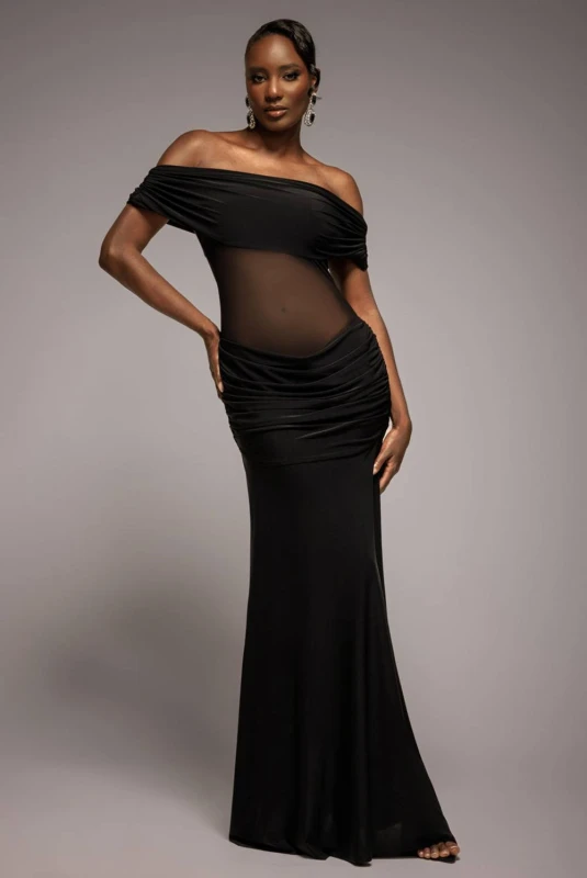 Image of Goddiva Womens Gathered Off-The Shoulder Mesh Waist Panel Maxi Dress in Black Size: 6 Black Female 6