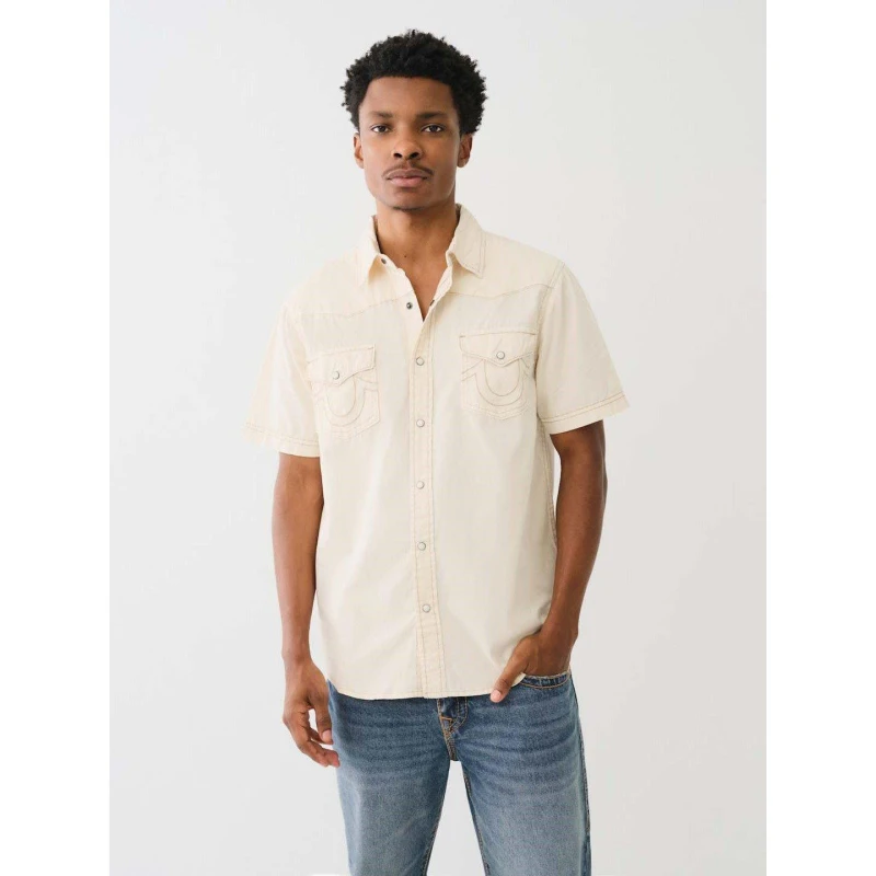 Image of True Religion TR Short Sleeve Dyed Western Shirt Mens Winter White male XS