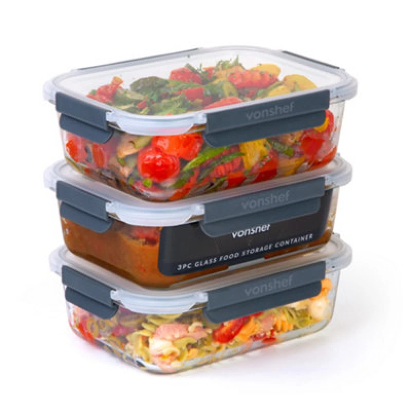 Image of Vonshef, Glass Containers With Lids, Airtight 3 Piece Meal Prep Food Lunch Boxes 1.5L Capacities, Oven And Dishwasher Safe