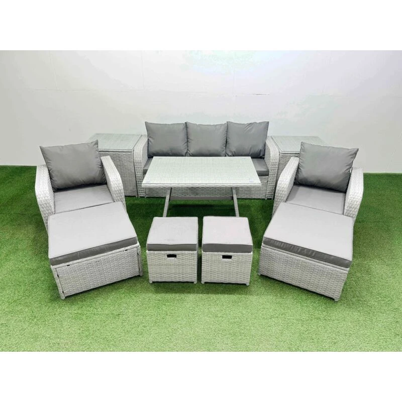 Image of Fimous 9-seater Patio Rectangular Table Sofa Set with 2 Side Tables in Light Grey Light Grey Unisex