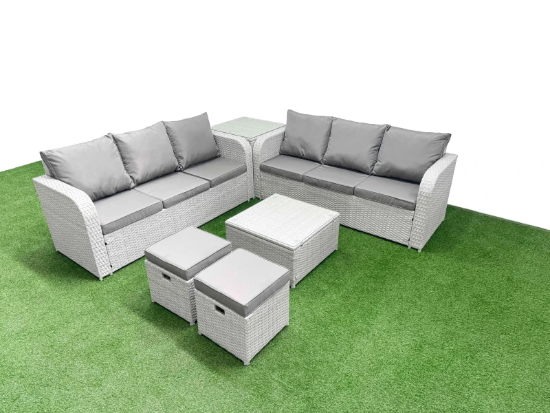 Image of Fimous Outdoor Garden Furniture Sets 8 Seater Wicker Rattan Furniture Sofa Sets with Square Coffee Table high Back Lounge Sofa Stools Side Table Light