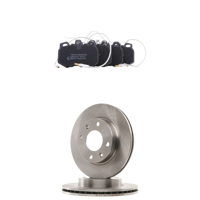 Image of RIDEX 3405B1967 Brake disc and pads set Front Axle, Brake Disc Type: internally vented, incl. wear warning contact Brake Set,disc brakes (3405)