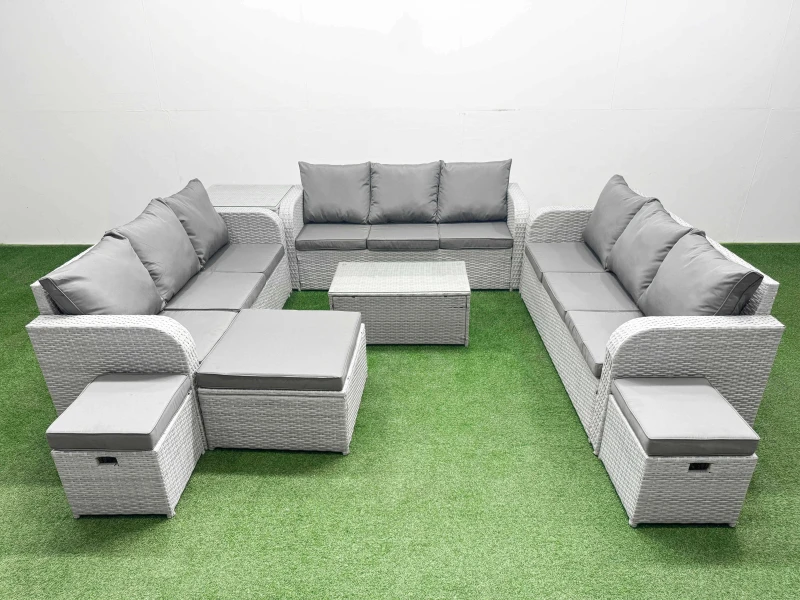 Image of Fimous PE Rattan Lounge Sofa Set 12 Seater Outdoor Garden Furniture Set with Rectangular Coffee Table 3 Seater Sofa 3 Stools Side Table Light Grey Lig