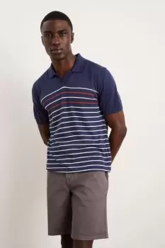 Image of Mens Slim Fit Blue Short Sleeve Stripe Knitted Polo