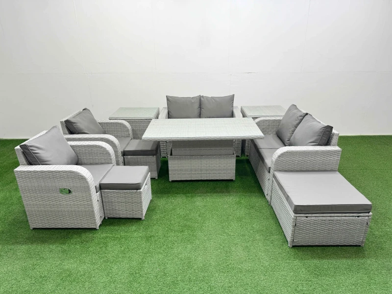 Image of Fimous 9 Seater Outdoor Reclining Chair Love Sofa Set Rattan Garden Furniture Set with Adjustable Lifting Dining or Coffee Table 3 Stools 2 Side Table