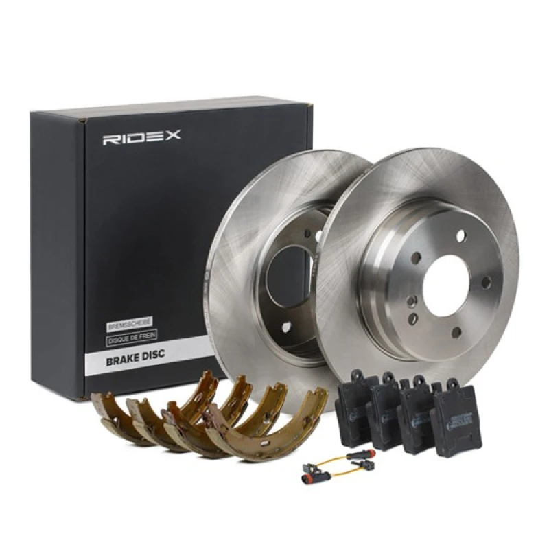 Image of RIDEX 3405B0390 Brake disc and pads set Rear Axle, Brake Disc Type: Solid, incl. wear warning contact, with bolts/screws Brake Set,disc brakes (3405)
