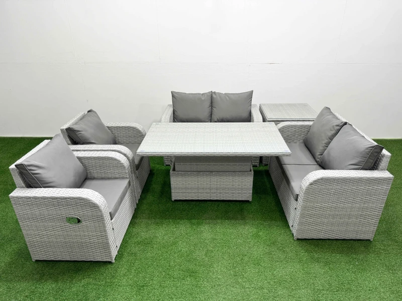 Image of Fimous 6 Seater Outdoor Reclining Chair Love Sofa Set Rattan Garden Furniture Set with Adjustable Lifting Dining or Coffee Table Side Table Light Grey