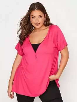 image of Yours Zip Neck Tshirt - Pink, Size 18, Women