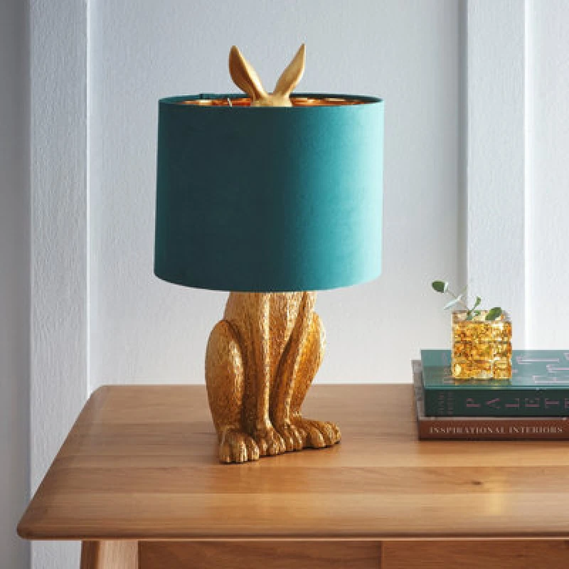 Image of K Living Gold Rabbit Resin Table Lamp With Green Velvet Lined Lamp Shade