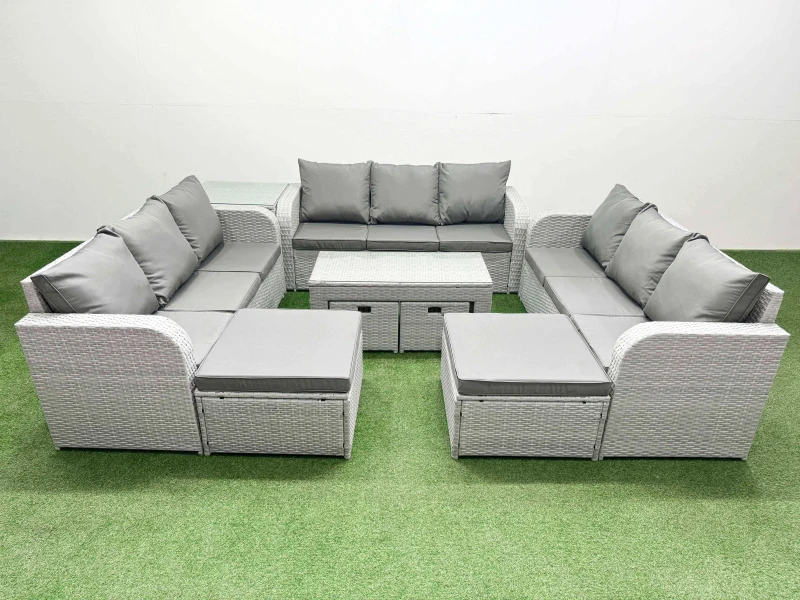 Image of Fimous PE Rattan 3 Seater Sofa Set with Oblong Coffee Table Side Table Grey in Light Grey Light Grey Unisex