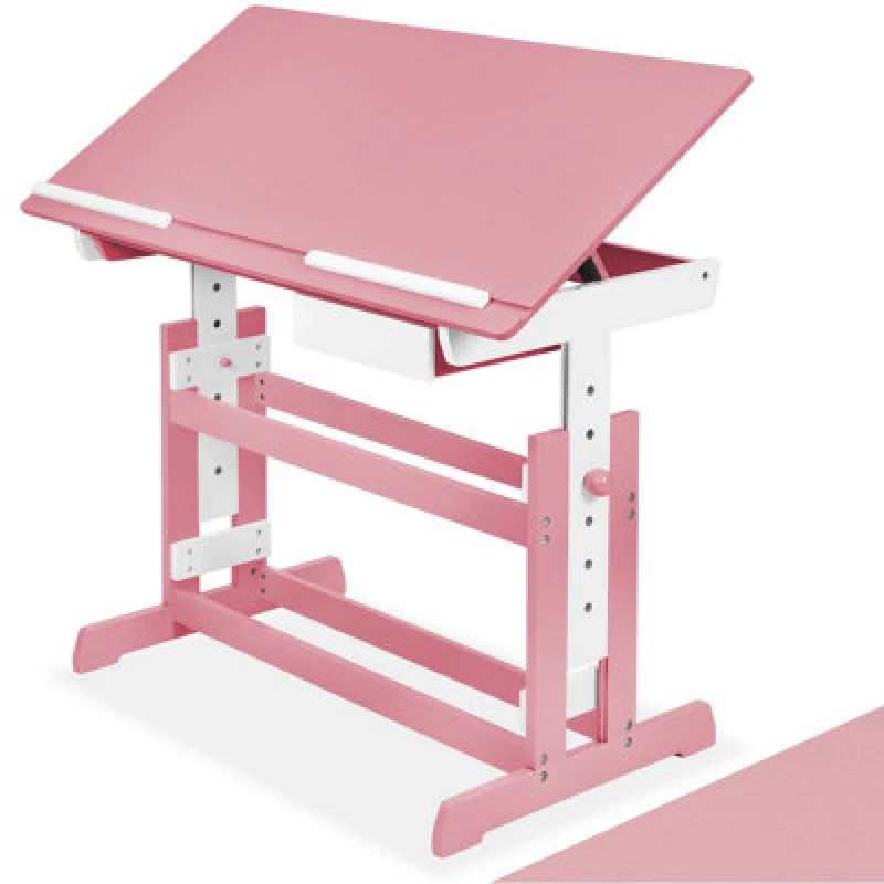 Image of Tectake Desk - For Children, Wooden, Tiltable Tabletop, 7 Height Settings, With Drawer 109cm - Pink