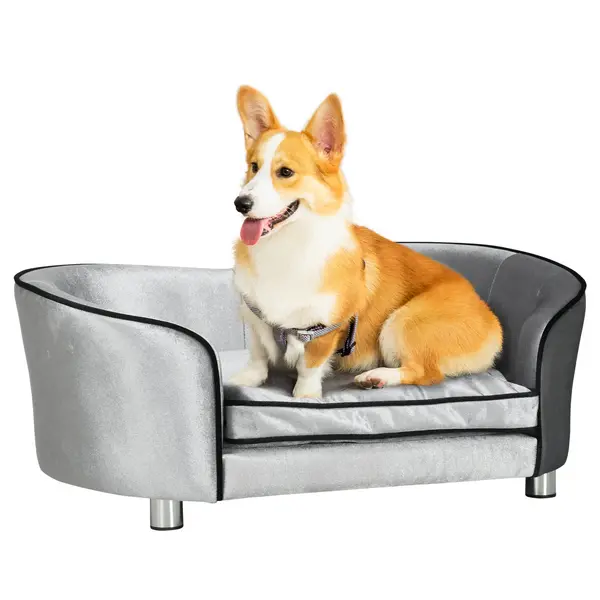 image of PawHut Dog Sofa Bed for Miniature Dogs, Pet Chair Couch Kitten Lounge with Soft Washable Cushion, Thick Sponge, Wooden Frame, Storage Pocket