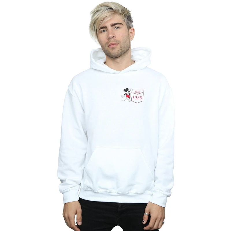 Image of Disney Men Mickey Mouse Faux Pocket Since 1928 Hoodie in White Size: Small White S Male 5057955022569
