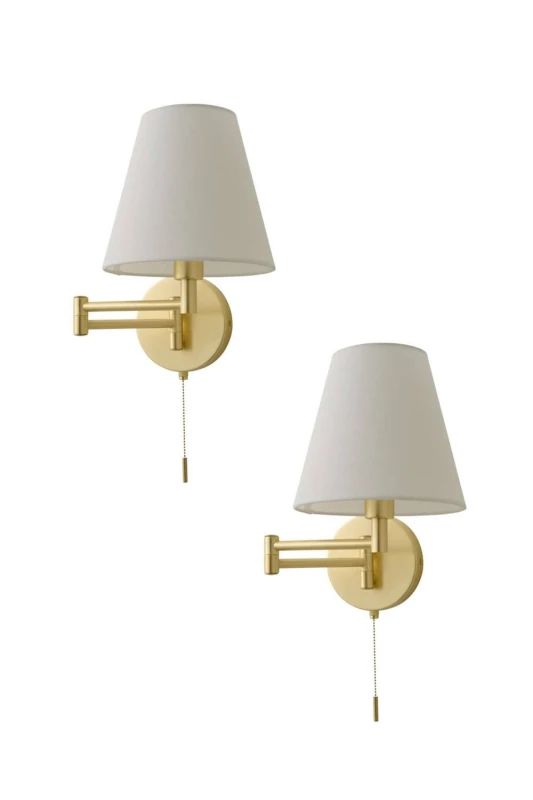 Image of ValueLights Sonia Pair of Swing Arm Wall Lights with Taper Linen Shades & Bulbs in Gold Gold Unisex