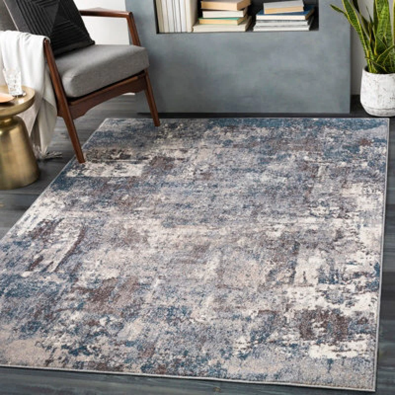 Image of Livabliss Ankara - Abstract Blue Beige Modern Marble Living Dining Bedroom Rug Size: 160cm x 215cm Blue Unisex 160cm x 215 cm
