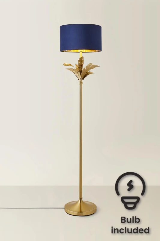 Image of ValueLights ValueLights Christina Velvet with Gold Inner Drum Shade Gold Palm Leaf Floor Lamp with Bulb in Navy Navy One Size Unisex 5059406067372