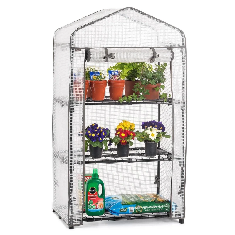 Image of Christow Mini Greenhouse 3 Tier Small Garden Grow House Reinforced PE Cover Steel Frame Grey