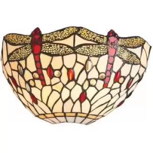 image of Tiffany Glass Wall Light Cream & Red Dragonfly Shade Interior Sconce i00244