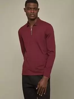 Image of Burton Menswear London Burton Slim Fit Long Sleeve Plain Zip Polo, Red Size M Men