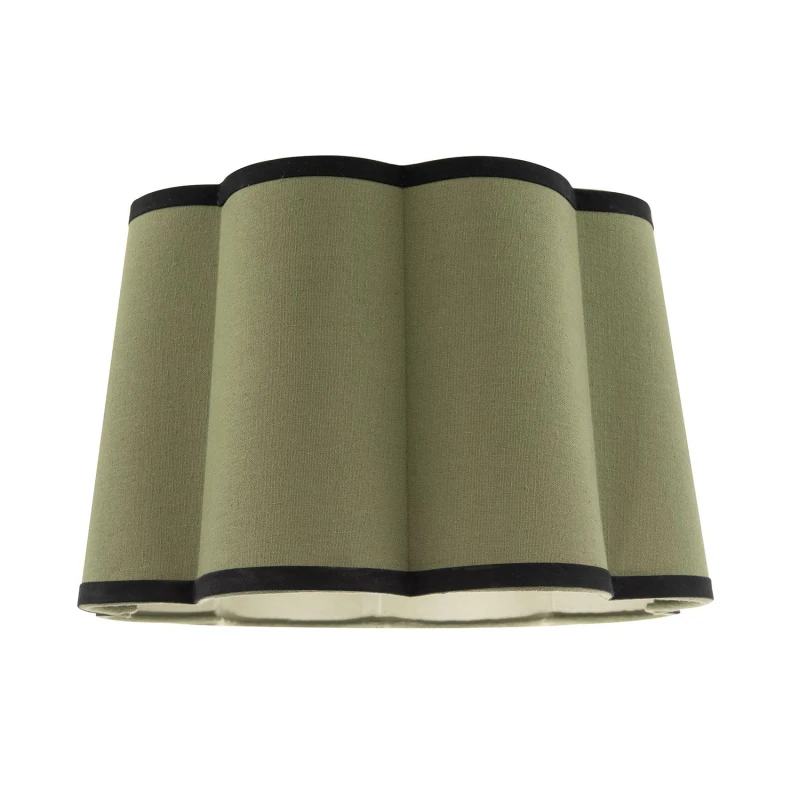Image of Happy Homewares Olive Green Linen Scallop Drum Lamp Shade with Black Cotton Trims Size: 14" Olive Unisex 14"