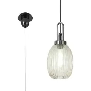 image of Luminosa Acree Ceiling Pendant E27 With 20cm Almond Ribbed Glass, Champagne Black Chrome, Matt Black