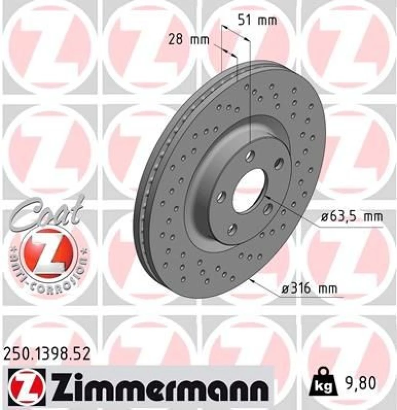 Image of ZIMMERMANN Brake disc ZIMMERMANN 250.1398.52