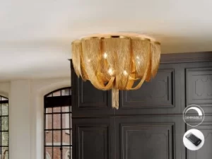 Image of Minerva 10 Light Dimmable Flush Ceiling Light with Remote Control Nickel, G9