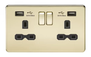 Image of KnightsBridge 2G 13A Screwless Polished Brass 2G Switched Socket with Dual 5V USB Charger Ports - Black Insert