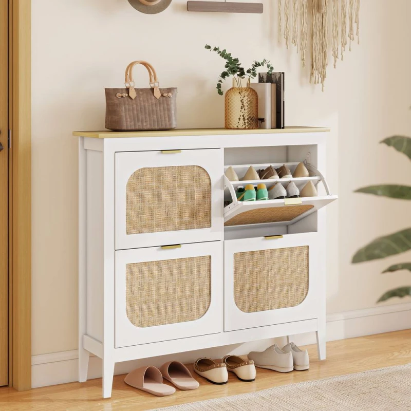 Image of HOMCOM Boho Slim Shoe Cabinet with Rattan Doors, Holds 20 Pairs, White White Unisex