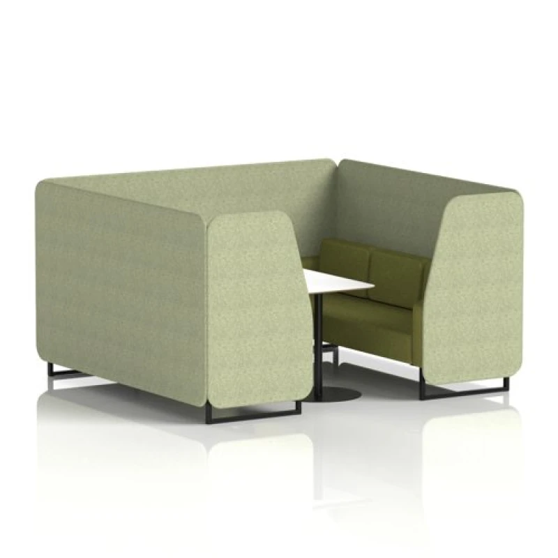 Image of Brixworth 6 Seater Office Booth with Front Panel - Black Legs and White Table with Black Leg in Rivet Fabric - Burnish Panels and Olive Sofa
