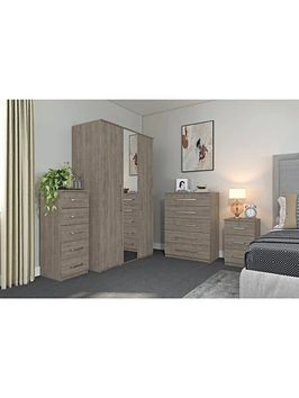 Image of One Call Reims 5 Drawer Tallboy Chest Ready Assembled Beige Grey Oak, Brown MNBGOBT