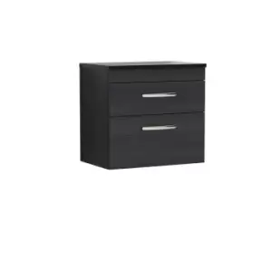 Nuie Athena 600 Wall Hung 2-drawer Vanity & Sparkling Black Worktop - Black Woodgrain