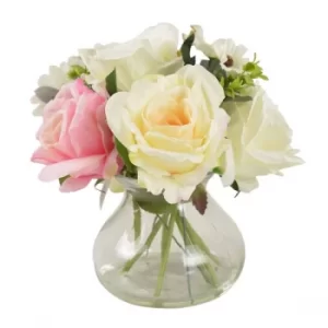 image of The Flower Patch Roses & Daisies Cream & Dusky Pink in Glass Vase 26cm