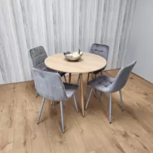 Image of Round Oak Effect Kitchen Dining Table With 4 Grey Velvet Tufted Chairs Dining Set