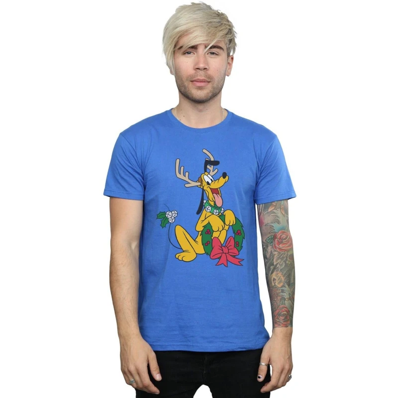 Image of Disney Men Pluto Christmas Reindeer T-Shirt in Blue Size: Small Blue S Male 5059400324570