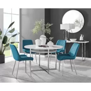 Image of Furniturebox Adley White High Gloss 120cm Storage Dining Table & 4 Blue Pesaro Silver Leg Velvet Chairs
