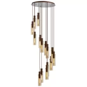 image of Luminosa Blake Slim Round Ceiling Pendant, 15 Light Adjustable E27, Mocha, Amber Glass, Item Weight: 25.3kg